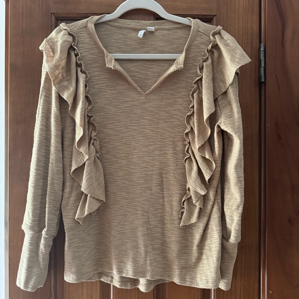 Cato Blouse Sweater Women’s Medium Khaki Ruffled Long Sleeves V Neck Top